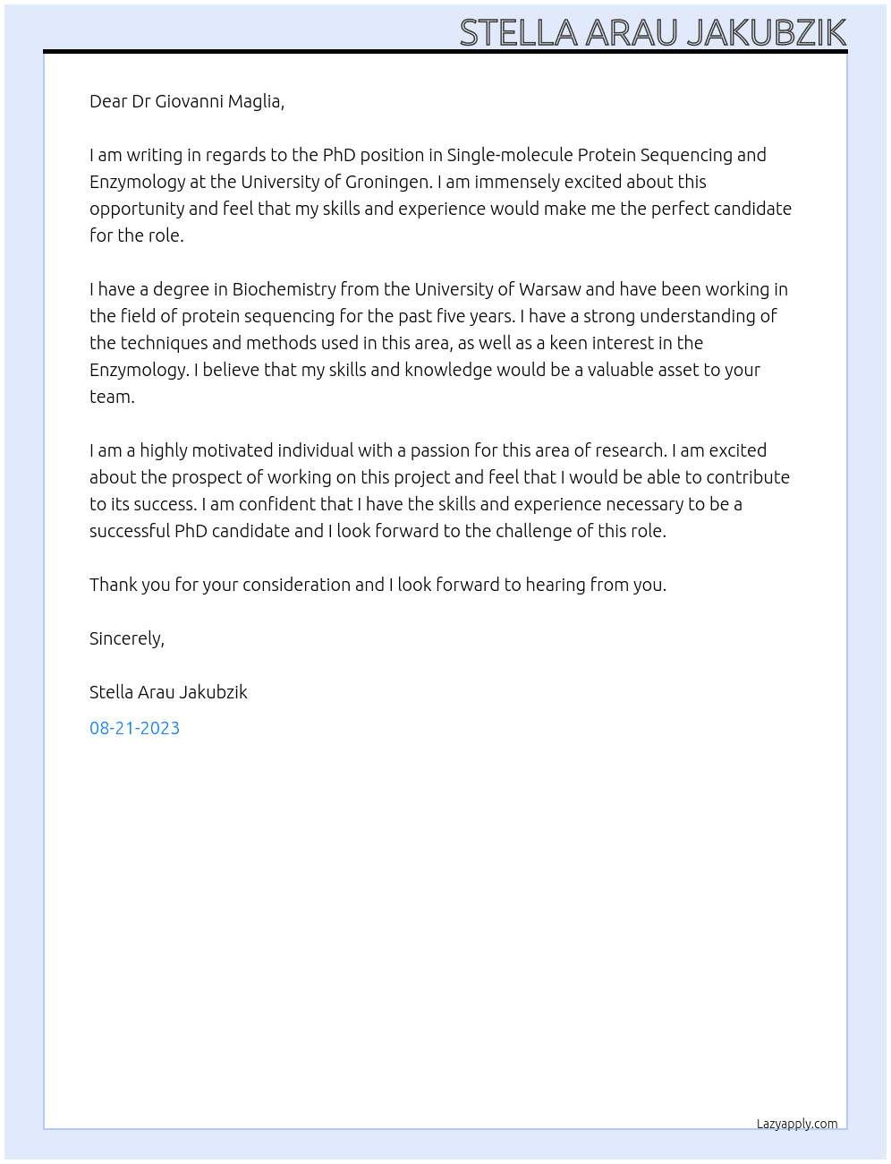 PhD position in Single-molecule Protein Sequencing and Enzymology At University of Groningen Cover Letter
