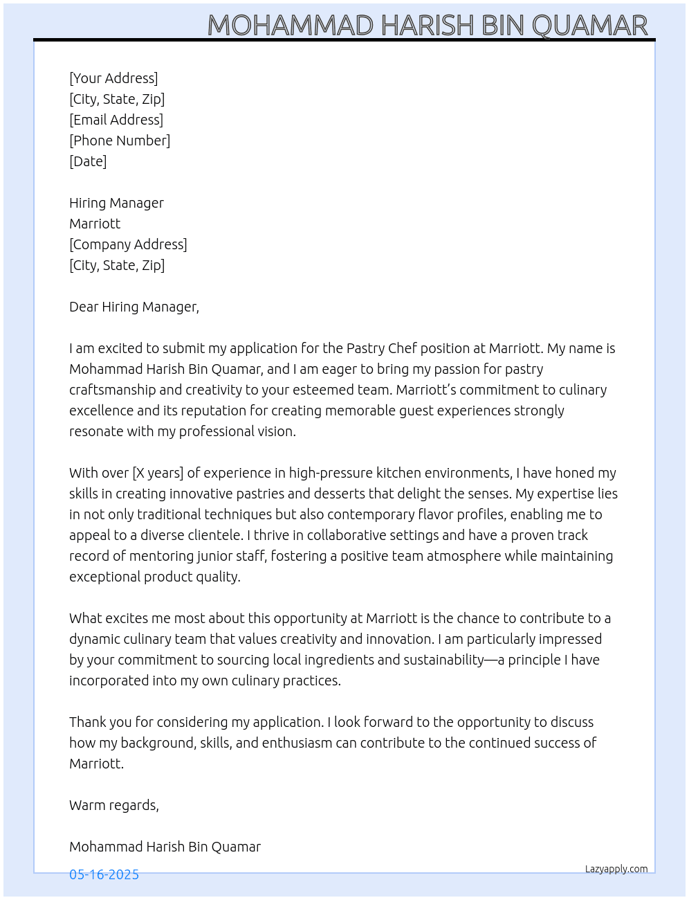 Pastry Chef At Marriott  Cover Letter