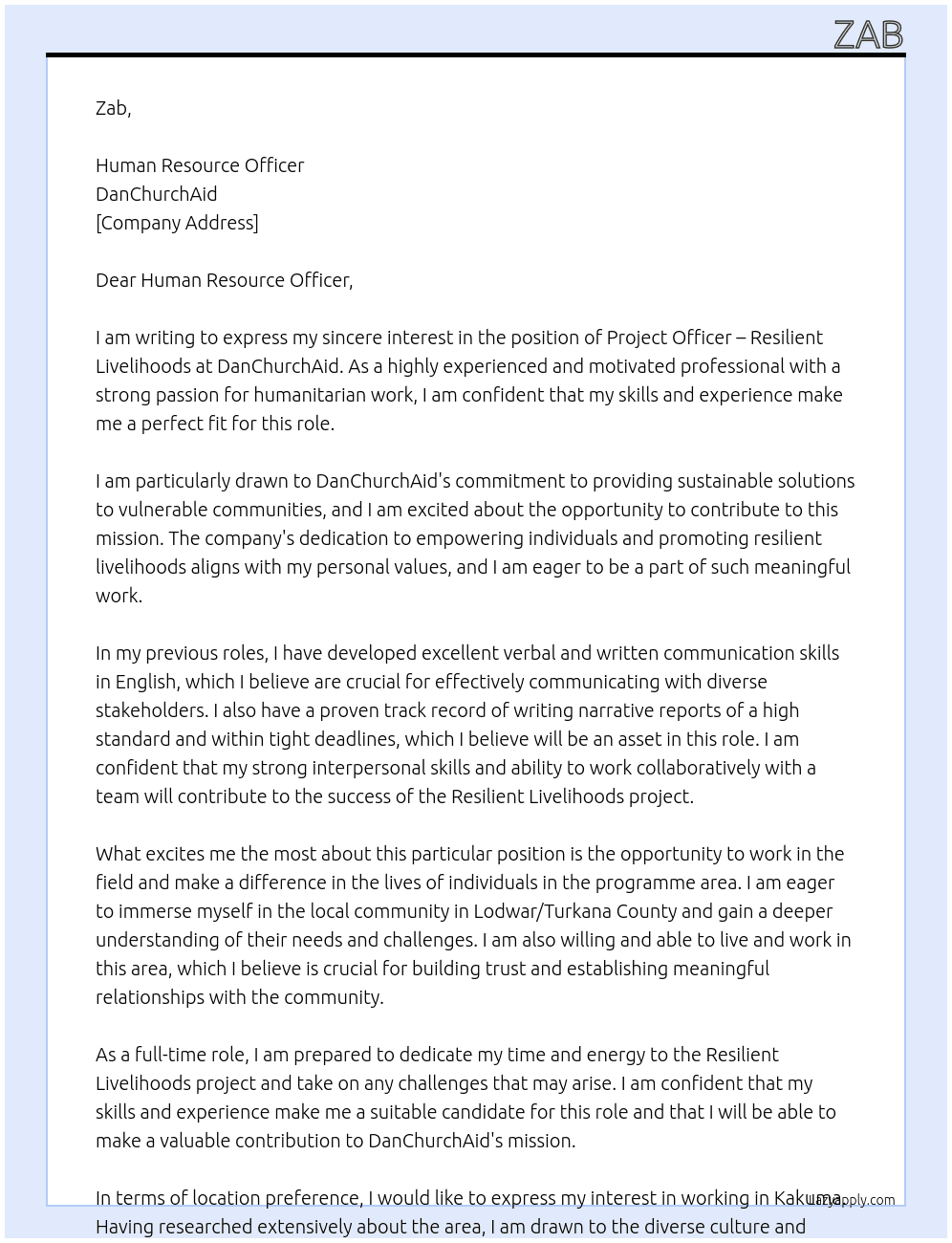 Project Officer – Resilient Livelihoods At DanChurchAid Cover Letter