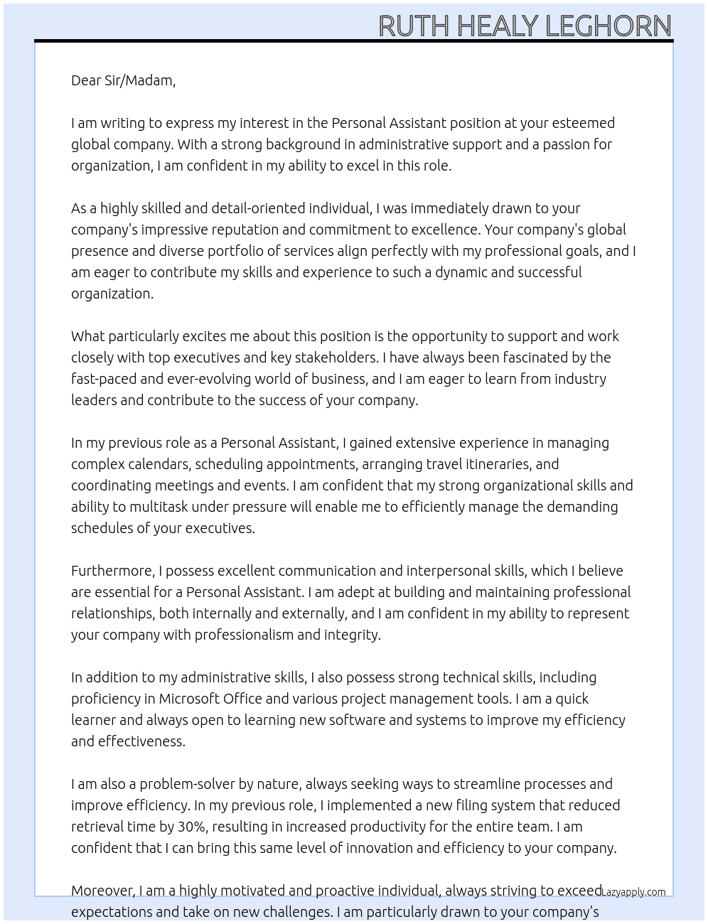 Personal Assistant At global company Cover Letter