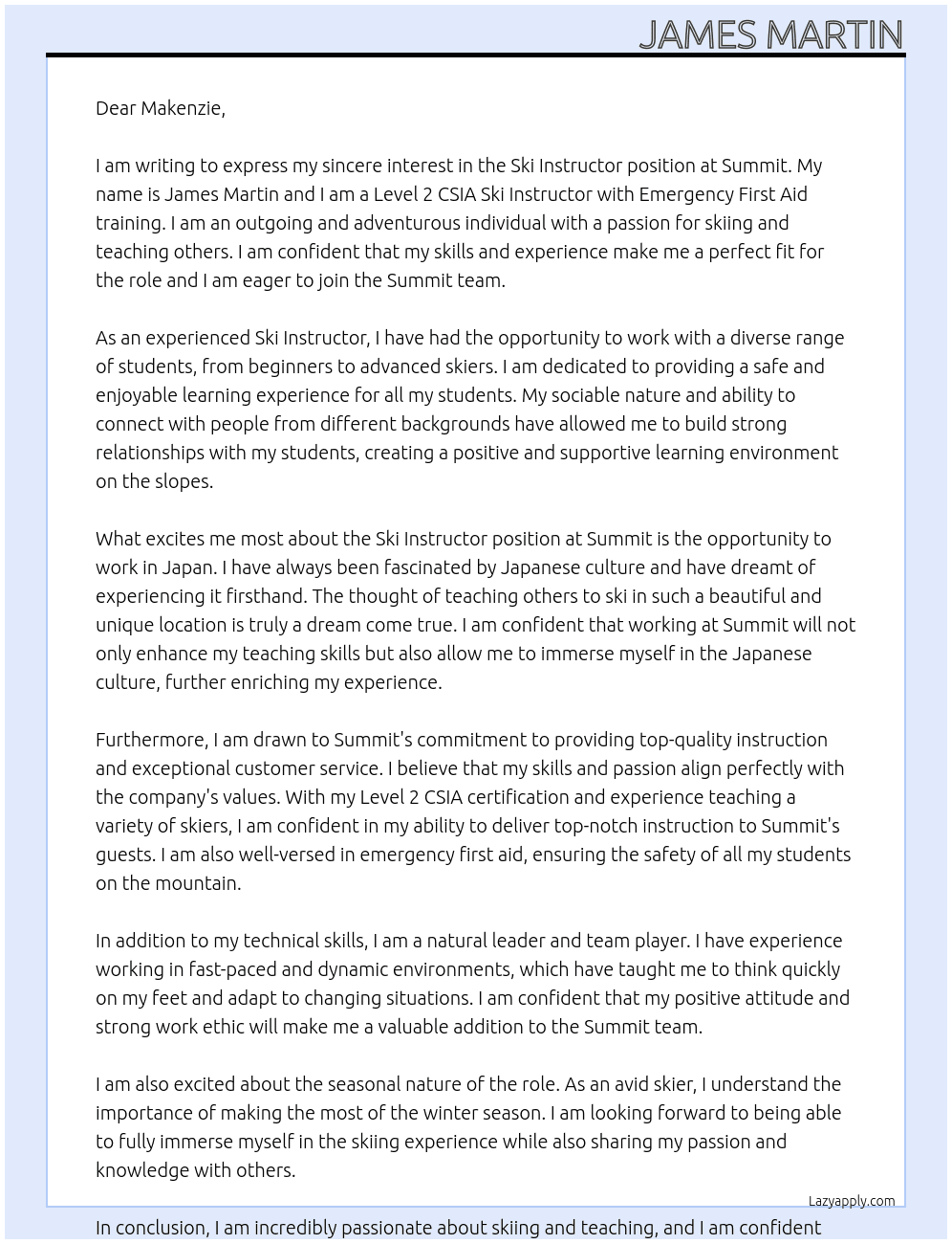 Ski Instructor At Summit Cover Letter