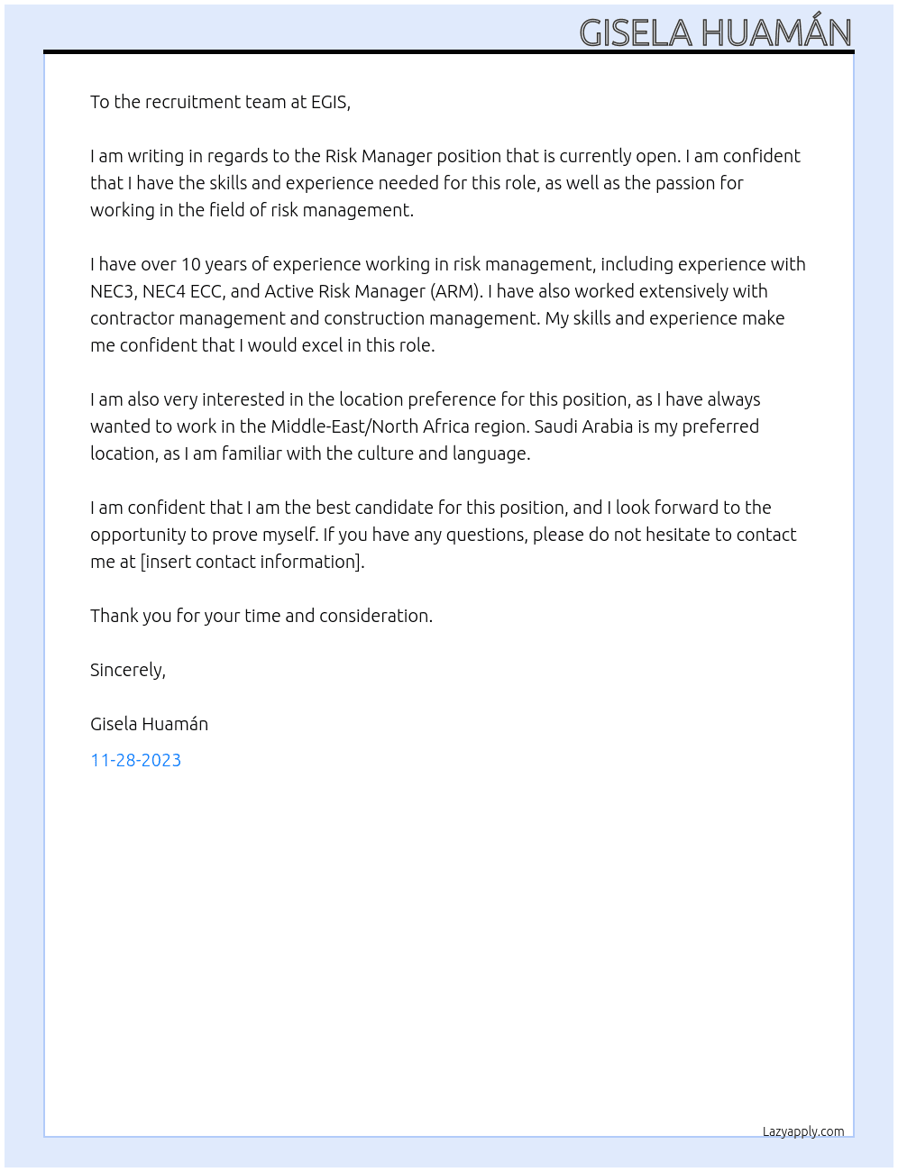 Risk Manager  At EGIS Cover Letter
