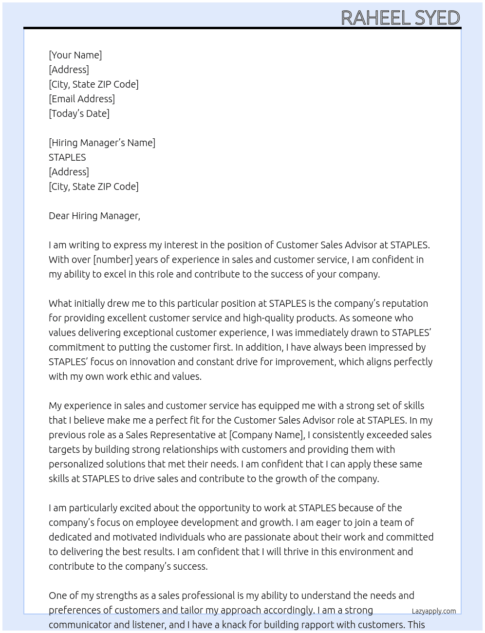 CUSTOMER SALES ADVISOR At STAPLES Cover Letter