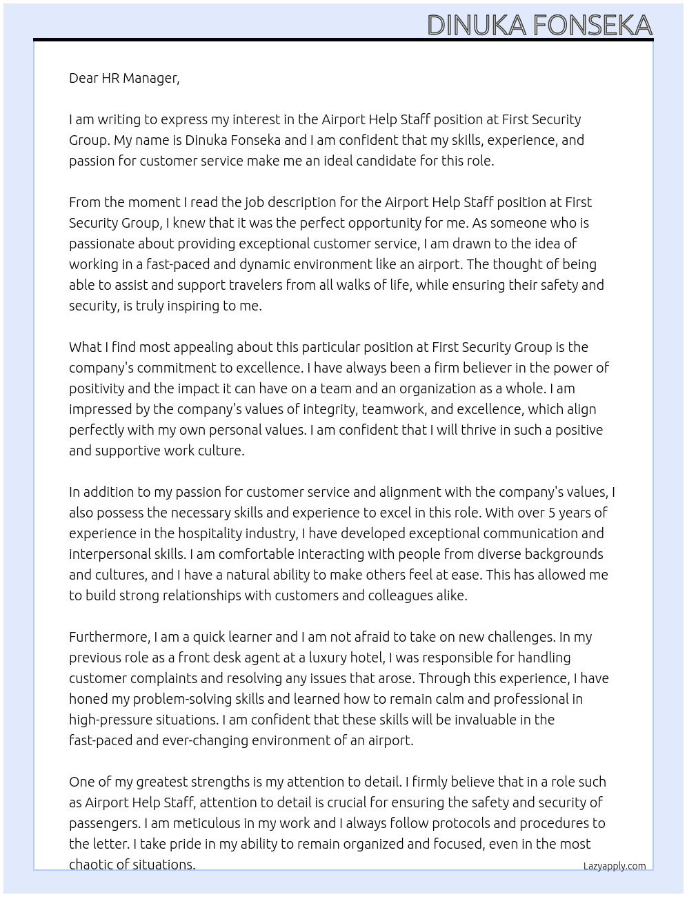 Airport Help Staff At First Security Group Cover Letter
