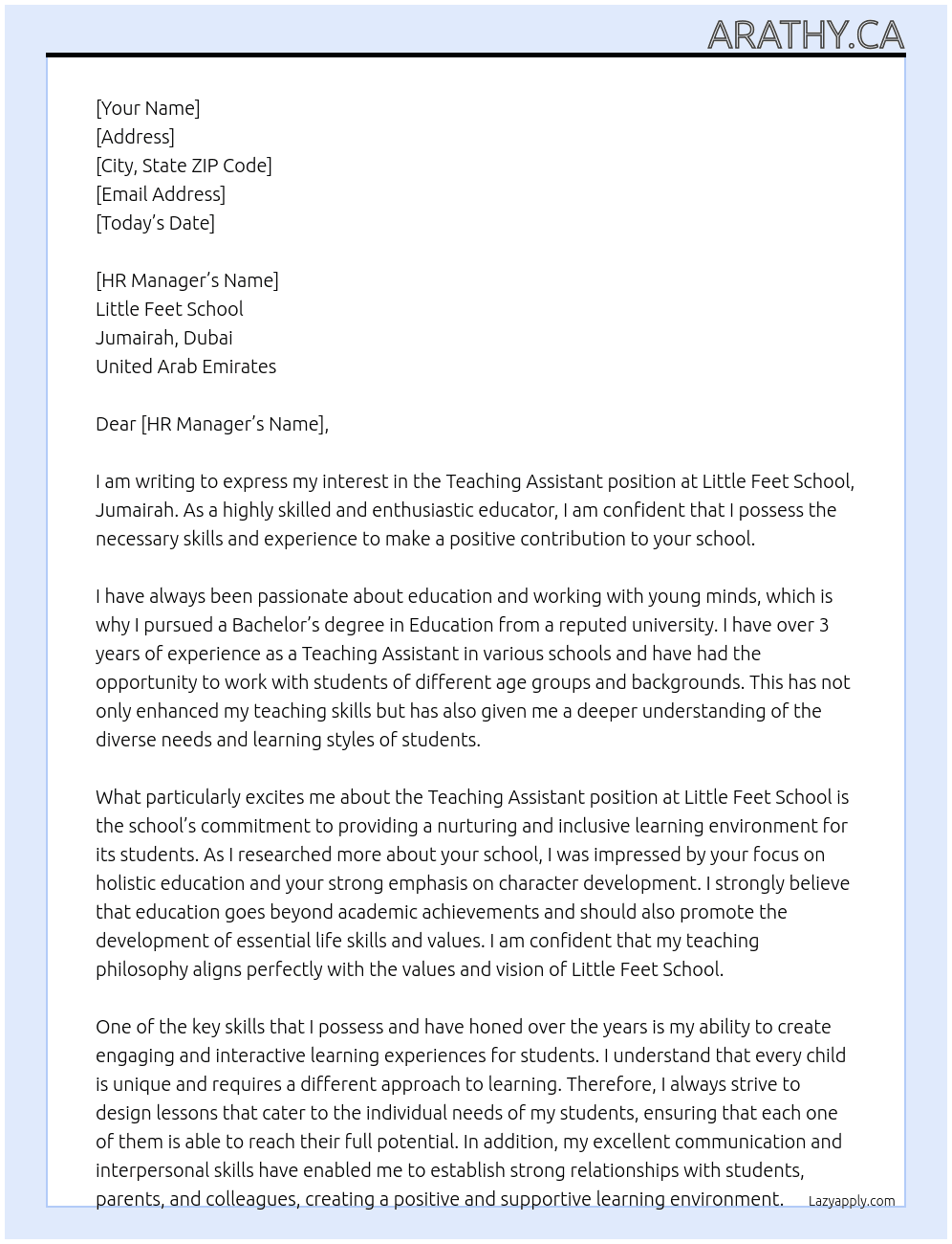 Teaching assistant  At Little feet school ,jumairah Cover Letter