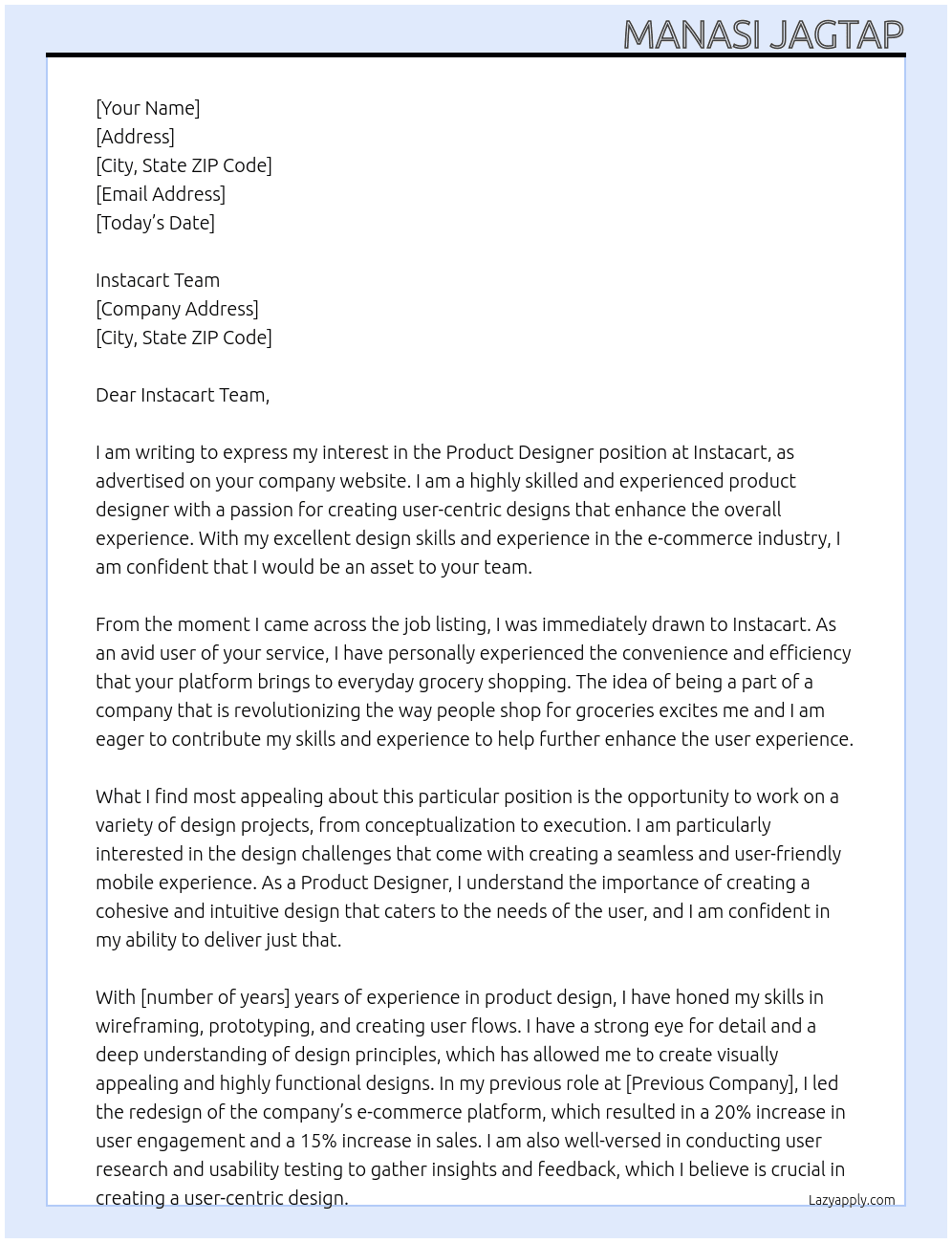 Product Designer At Instacart Cover Letter