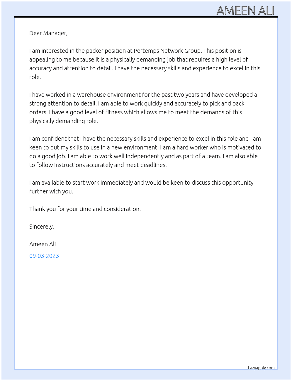 Packer At Pertemps Network Group Cover Letter