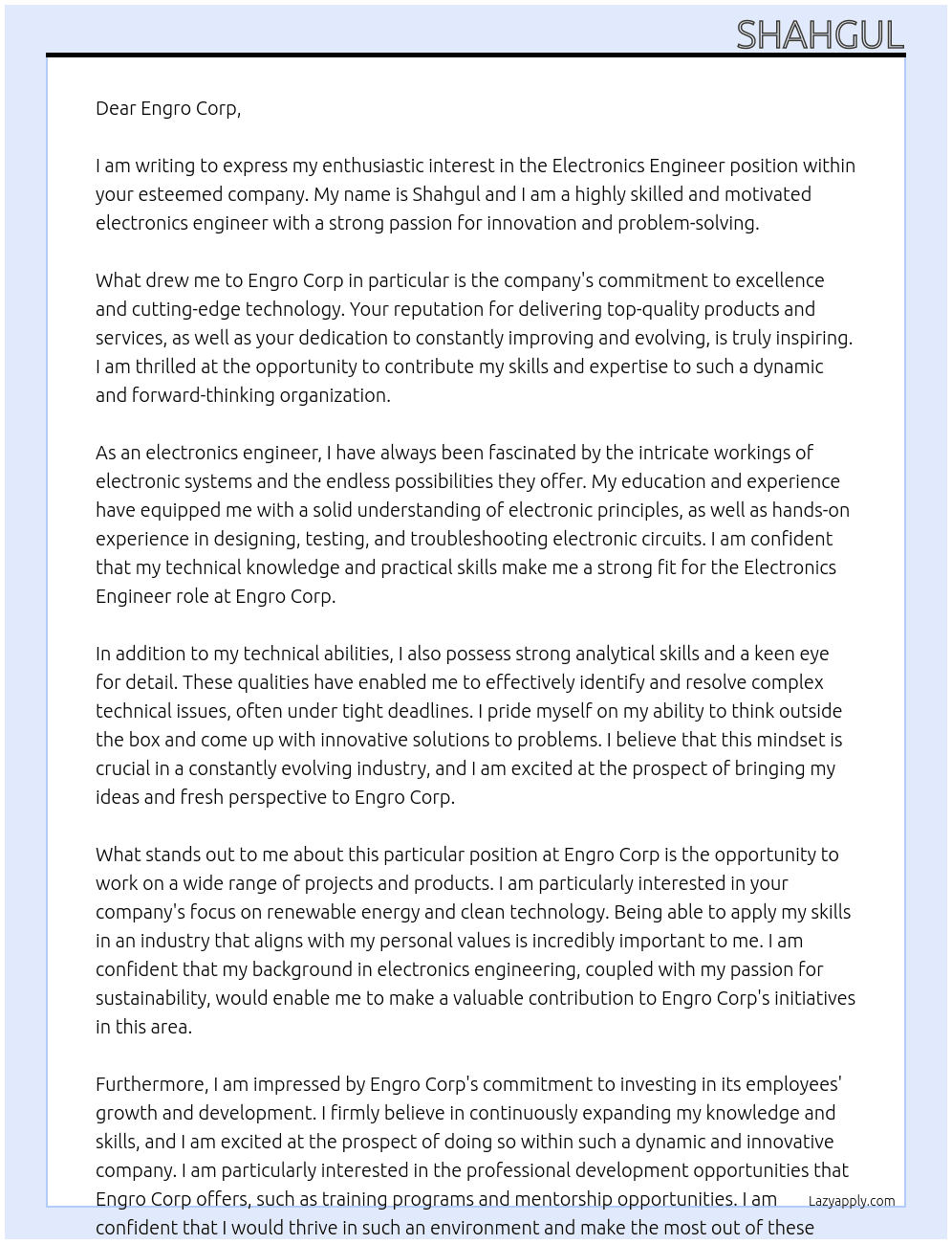 Electronics Engineer At Engro Corp Cover Letter