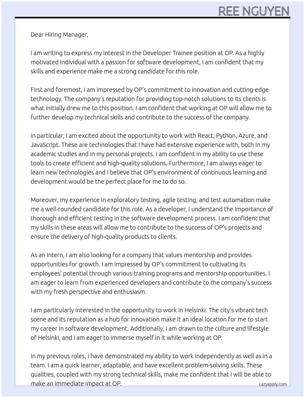 Developer Trainee At OP Cover Letter