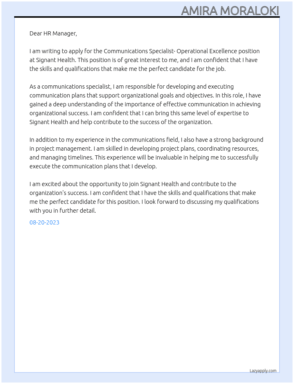 Communications Specialist- Operational Excellence  At Signant Health Cover Letter