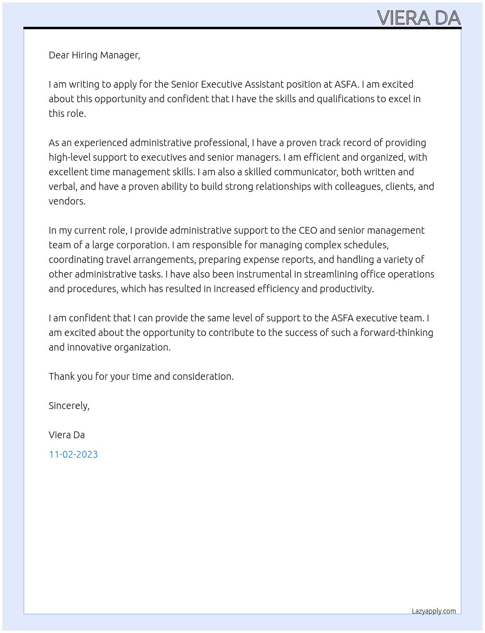 Senior Executive Assistant At ASFA Cover Letter