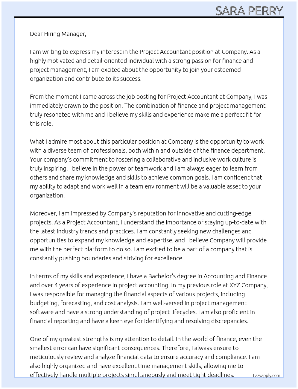 Project Accountant At Company Cover Letter