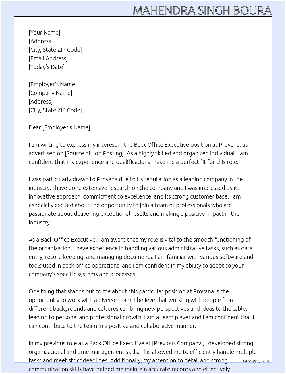 Back office  At Provana Cover Letter