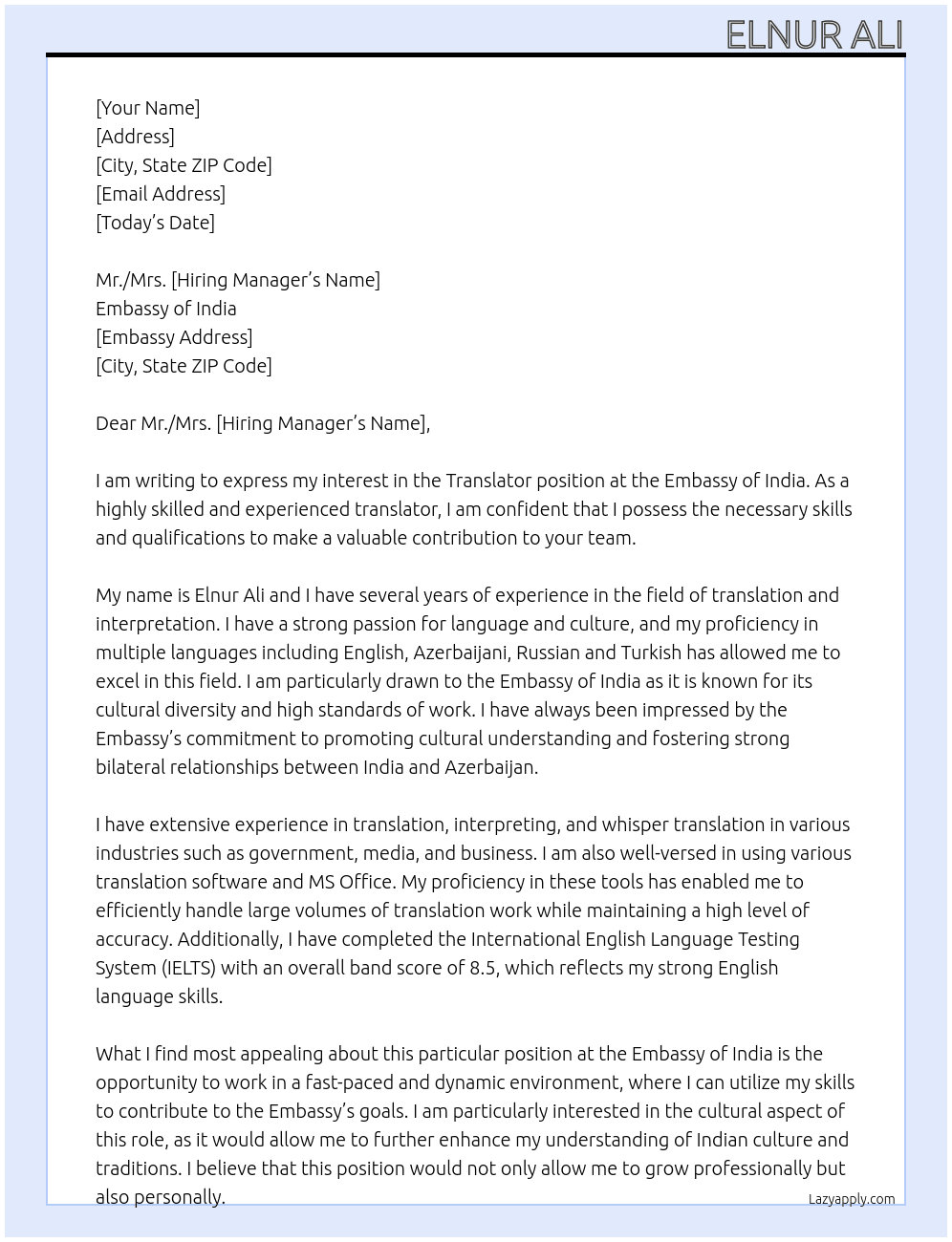 Translator At Embassy of India Cover Letter
