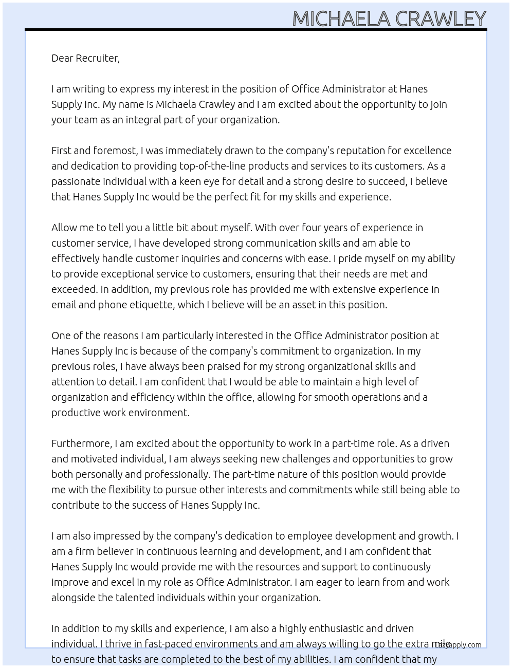 Office Administrator  At Hanes Supply Inc Cover Letter