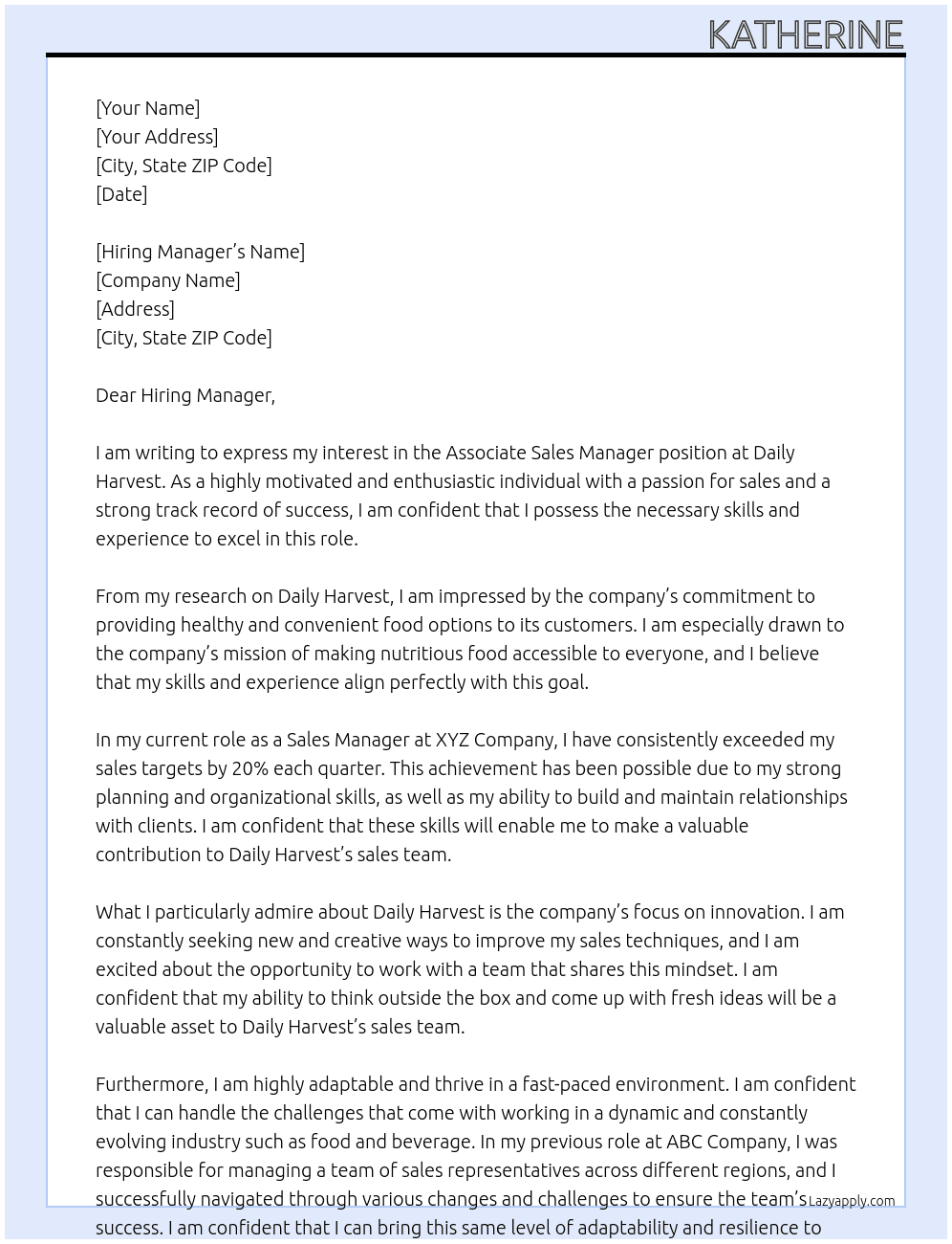 Associate sales manager  At Daily harvest Cover Letter