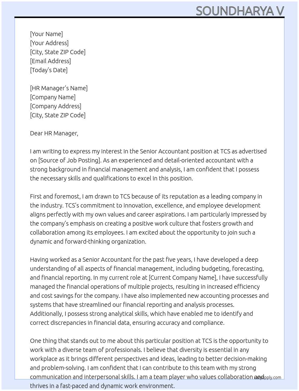 Senior Accountant At TCS Cover Letter