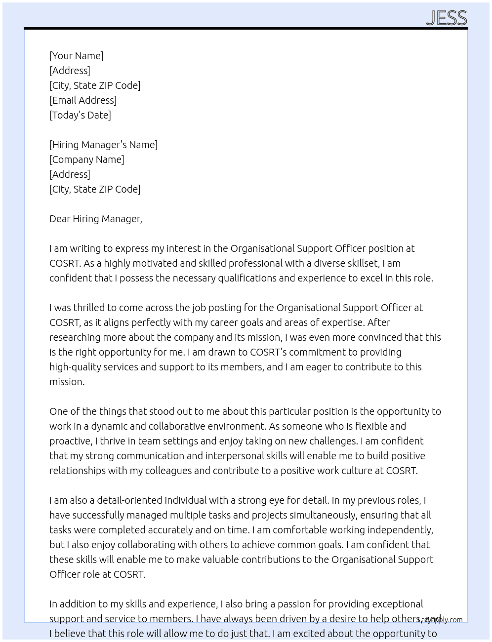 Cover letter for organisational support officer - LazyApply