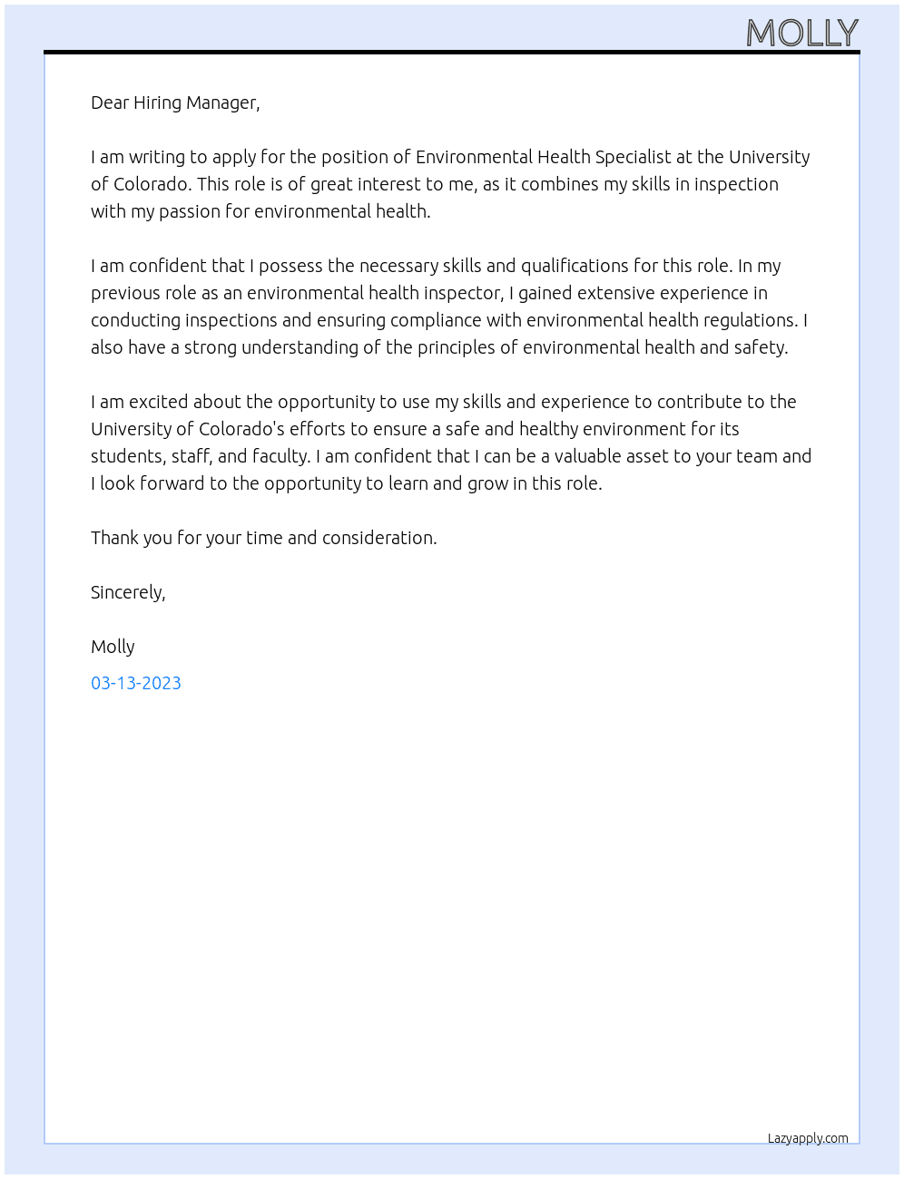 Environmental Health Specialist  At University of Colorado  Cover Letter