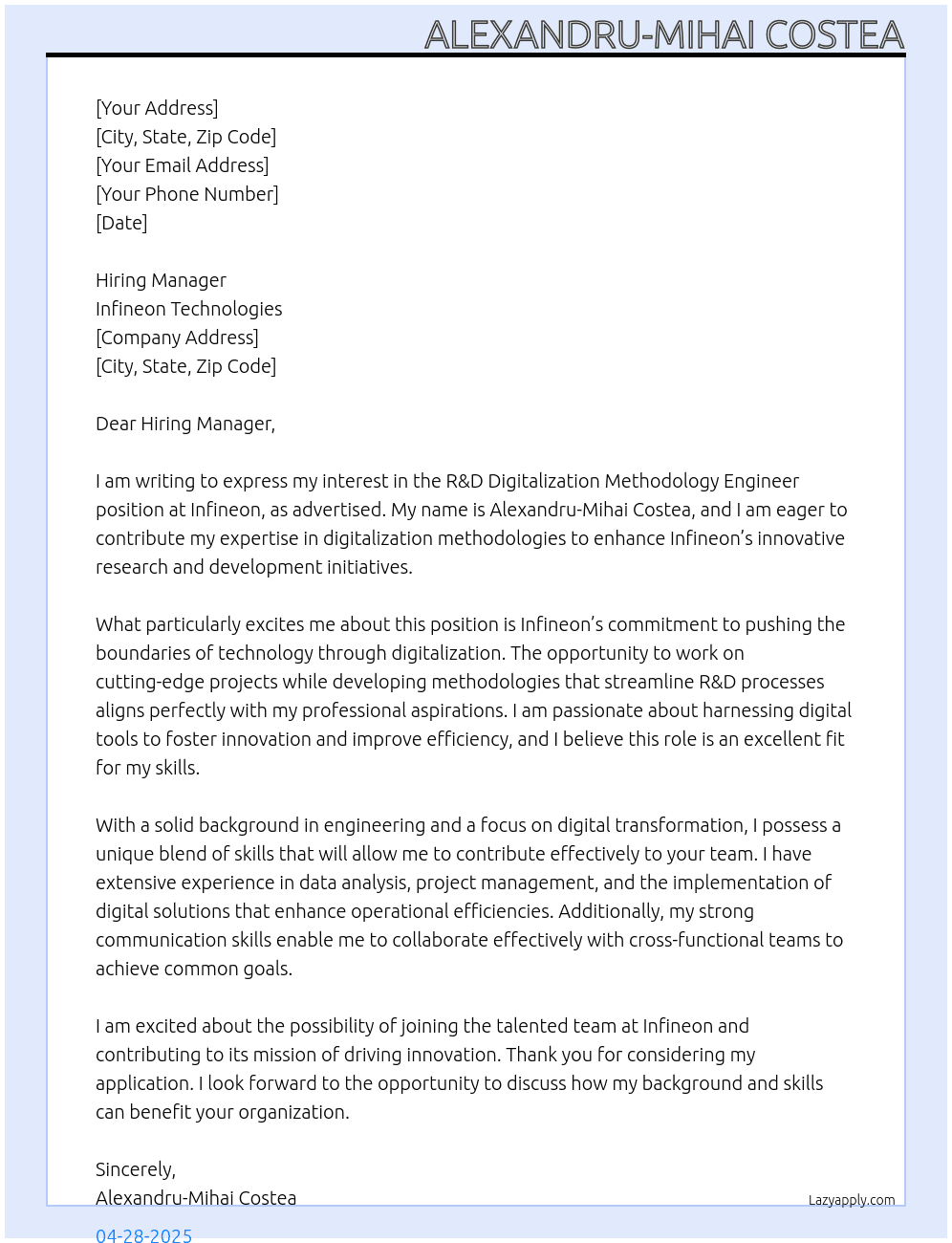R&D Digitalization Methodology Engineer At Infineon Cover Letter