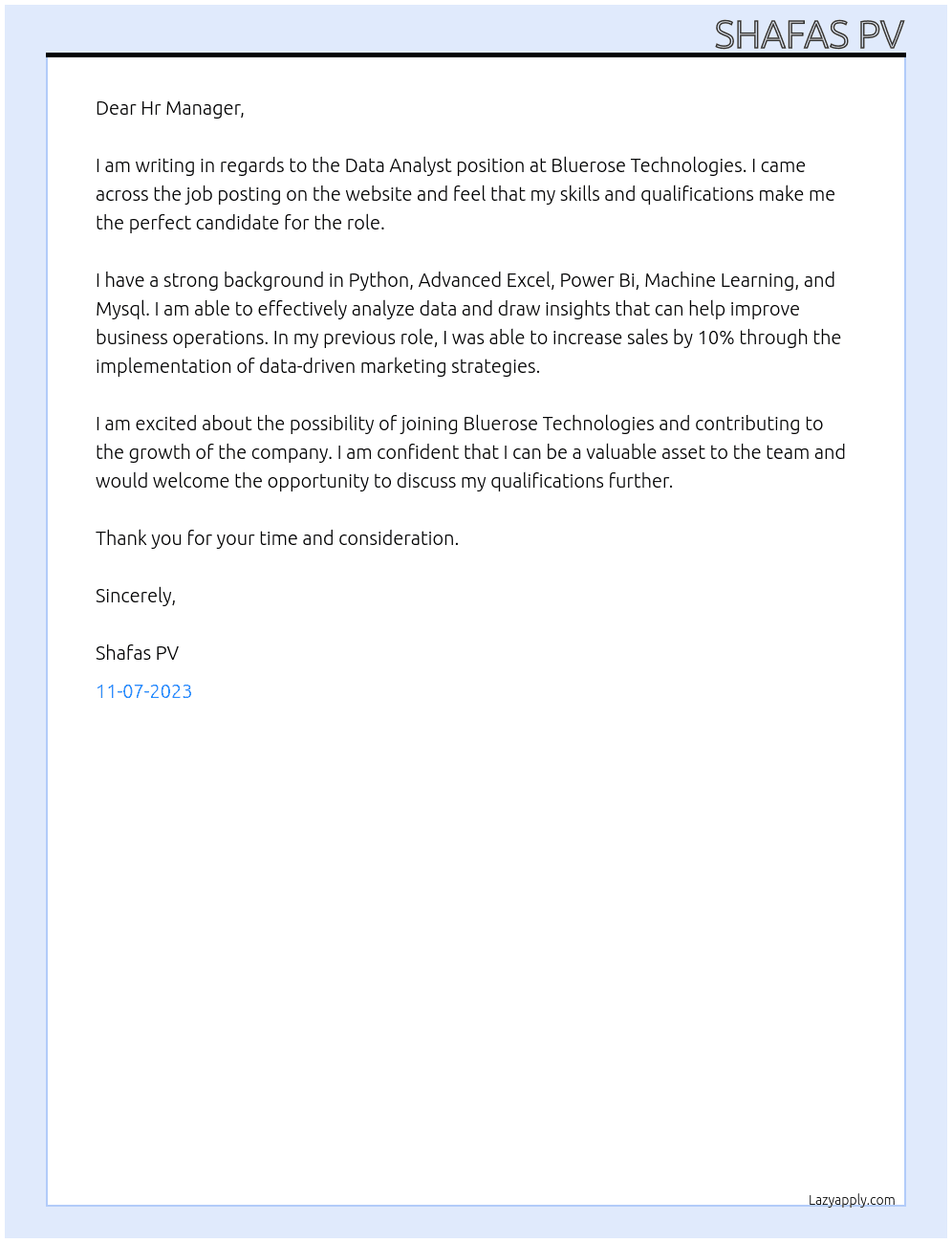 Data Analyst At Bluerose Technologies Cover Letter
