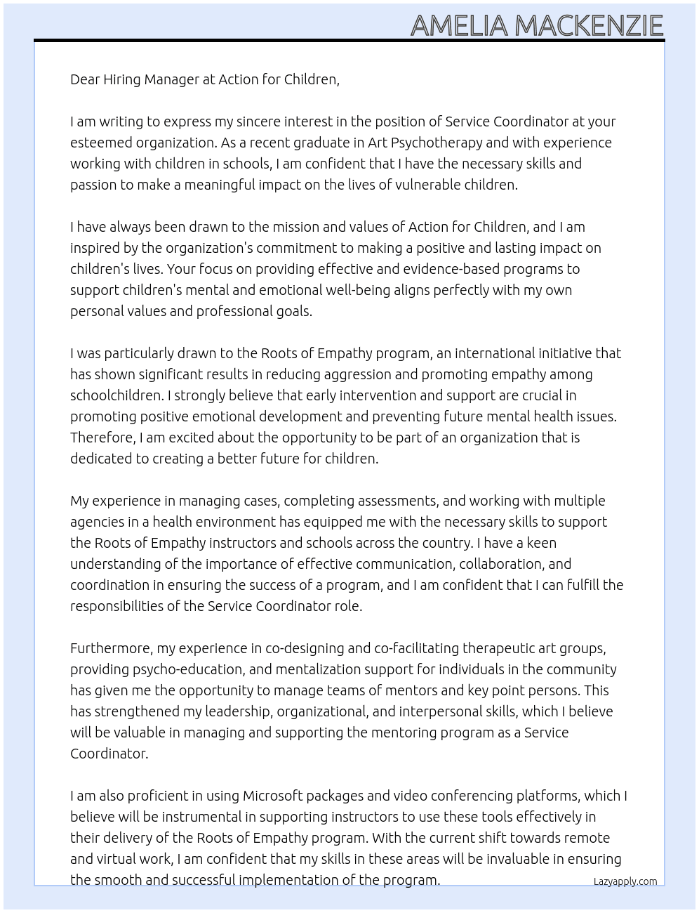 Service Co-Ordinator At Action for children  Cover Letter