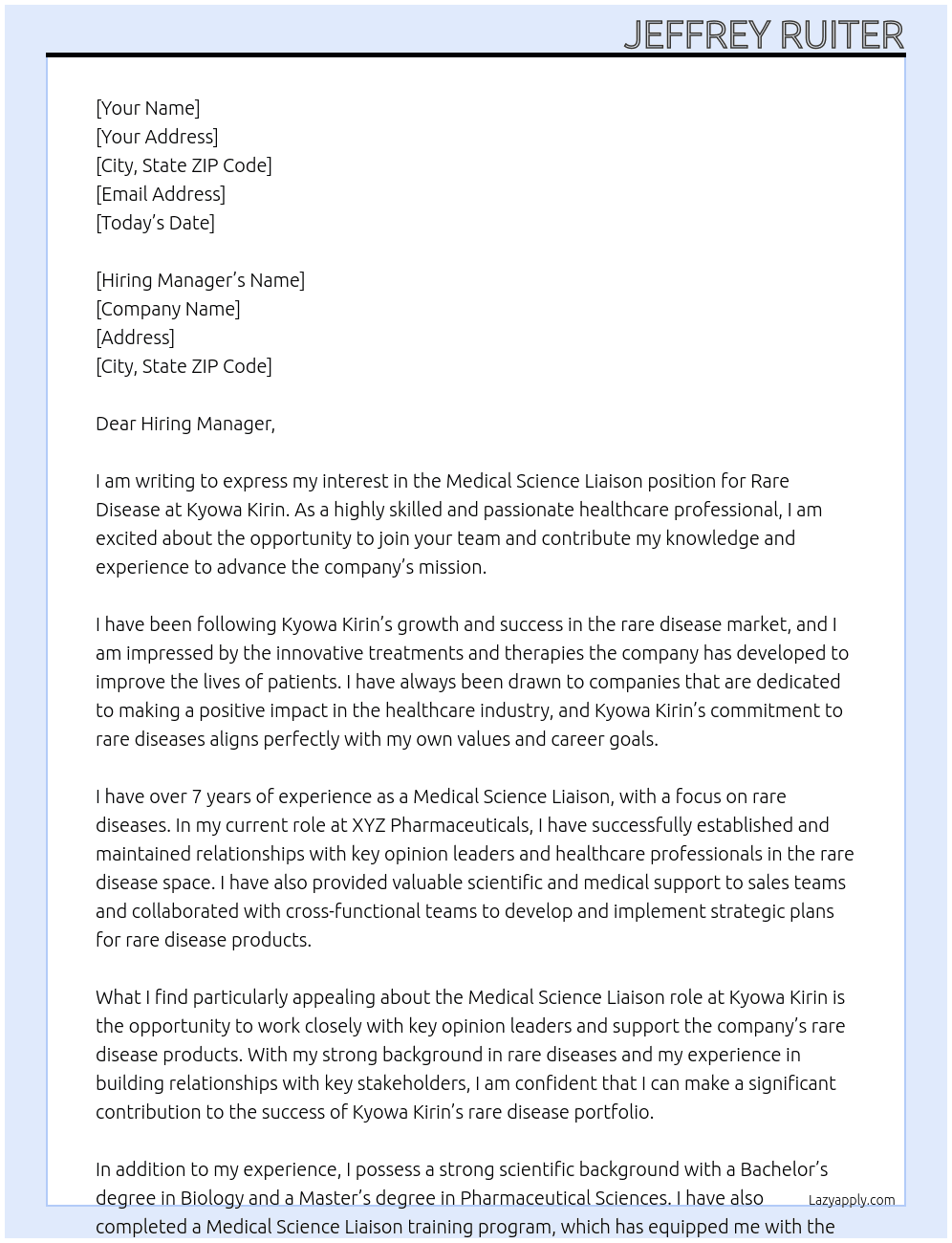 Medical Science Liaison - Rare Disease At Kyowa Kirin Cover Letter