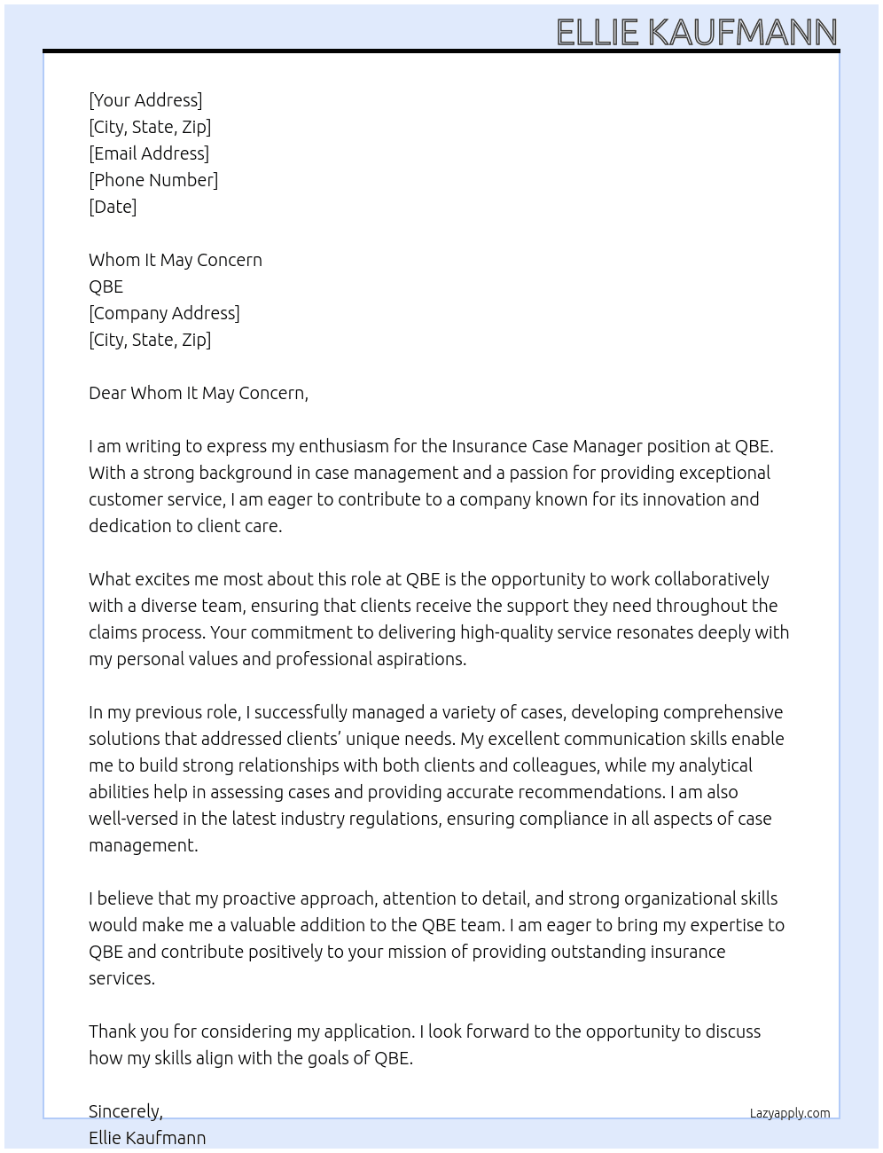 Insurance case manager At QBE Cover Letter