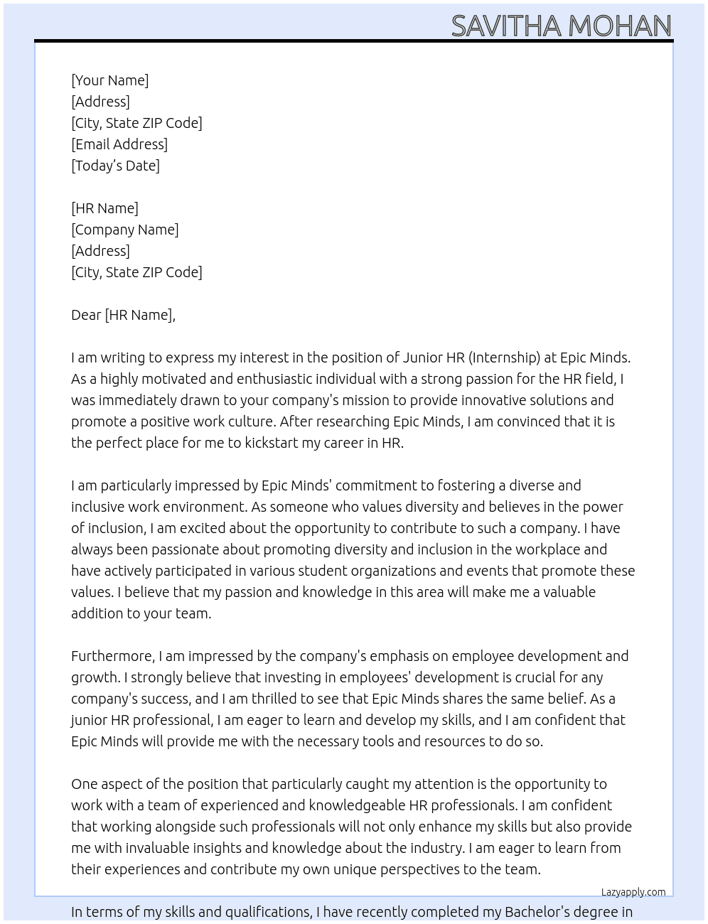 junior HR (Internship) At Epic Minds Cover Letter