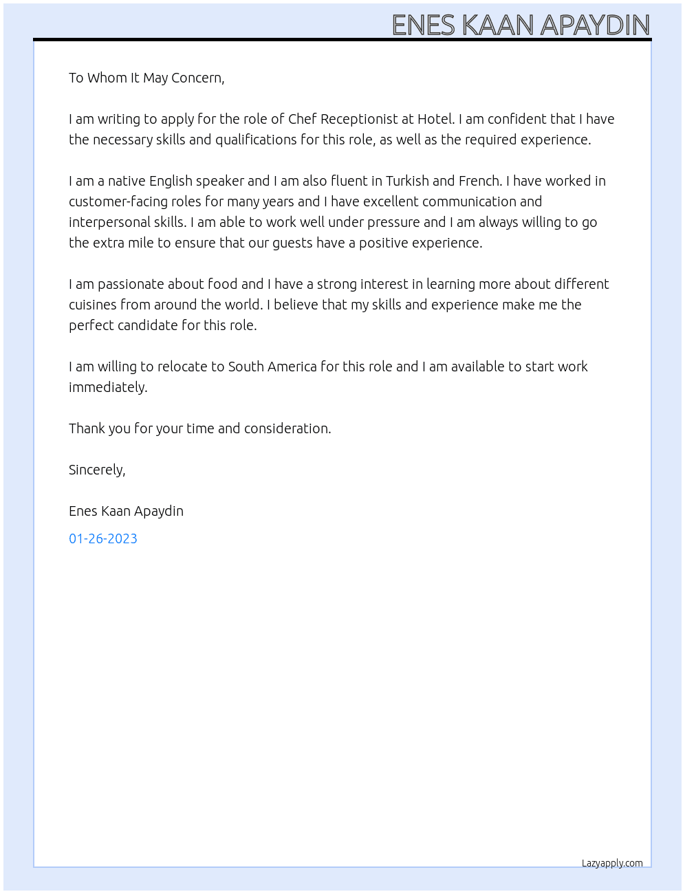 Cover letter for chef receptionist - LazyApply