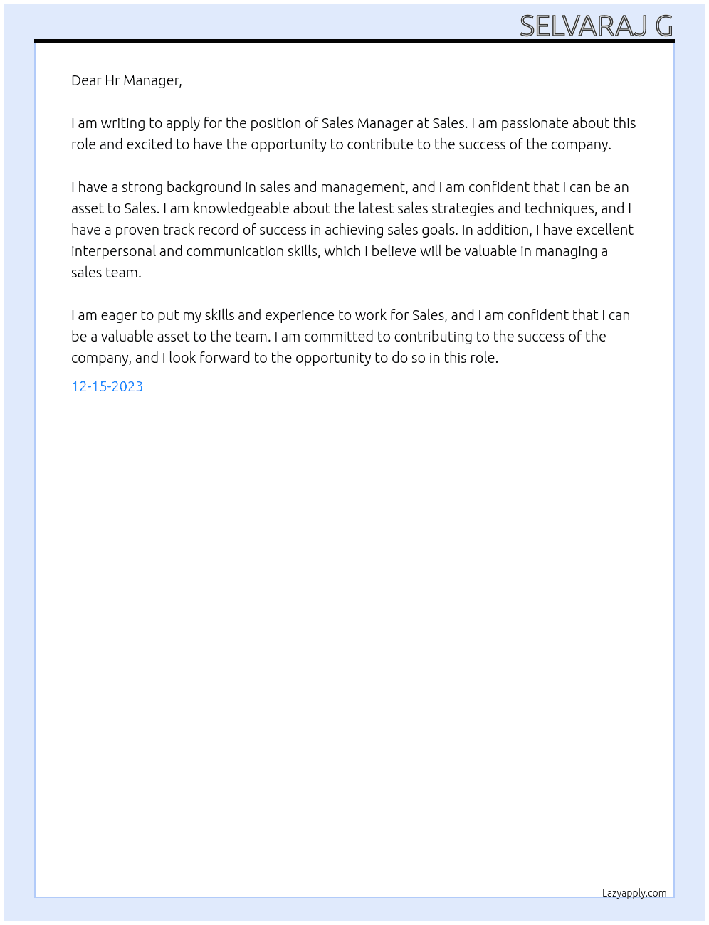 Sales Manager At Sales Cover Letter