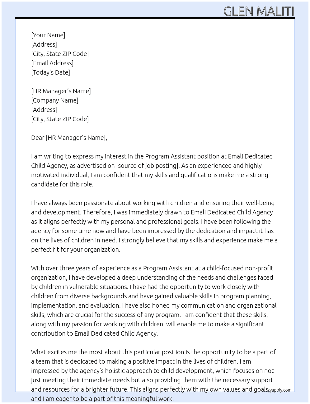 program assistant At emali dedicated child agency Cover Letter