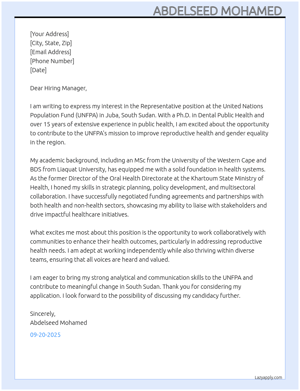 Cover letter for representative, juba, south sudan, d-1 - LazyApply