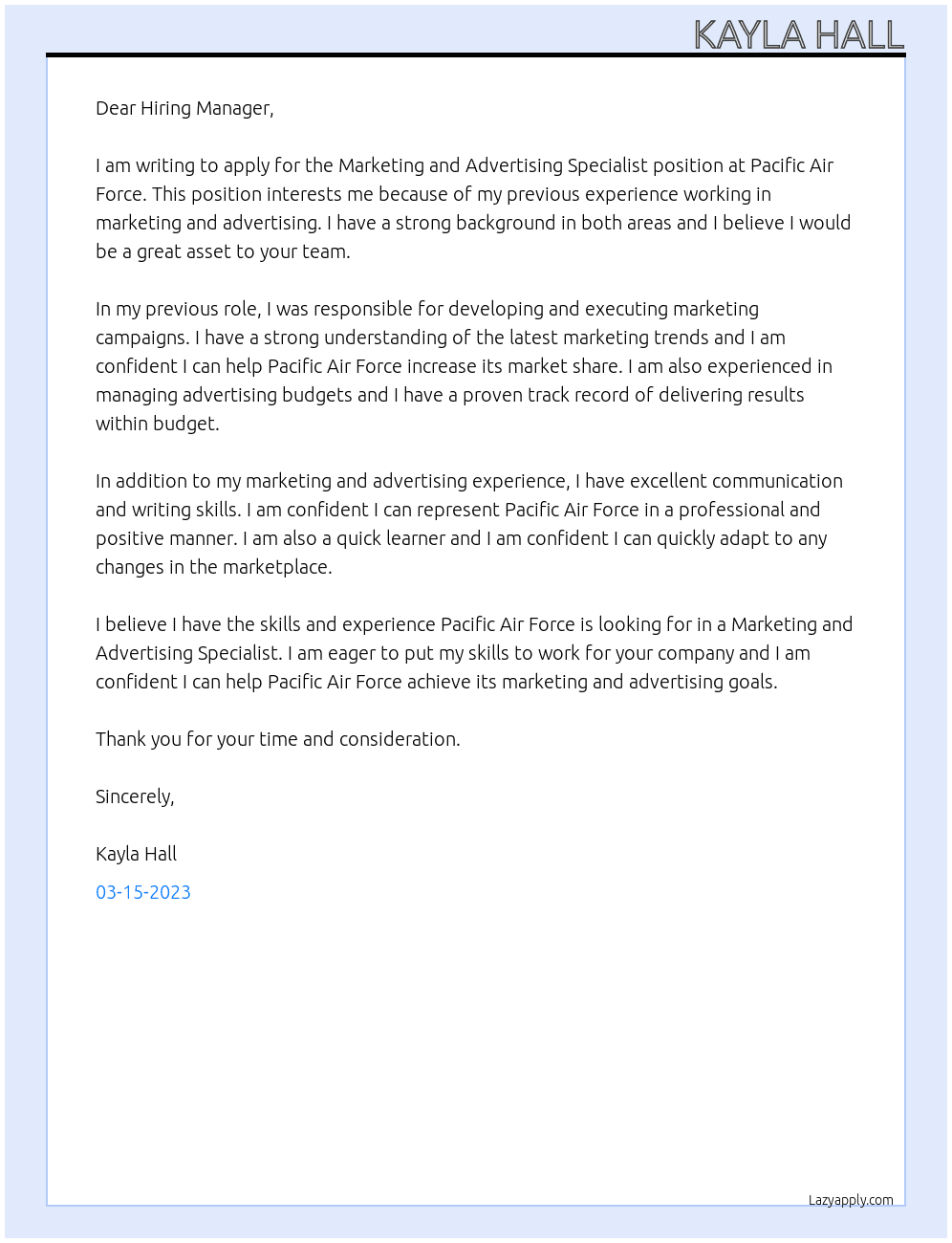 Marketing and Advertising Specialist At Pacific Air Force Cover Letter