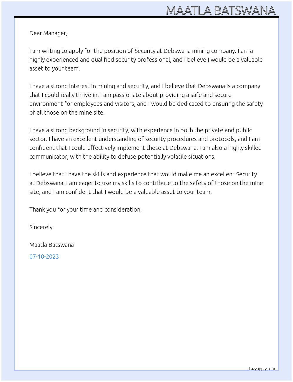 Security  At Debswana mining company  Cover Letter