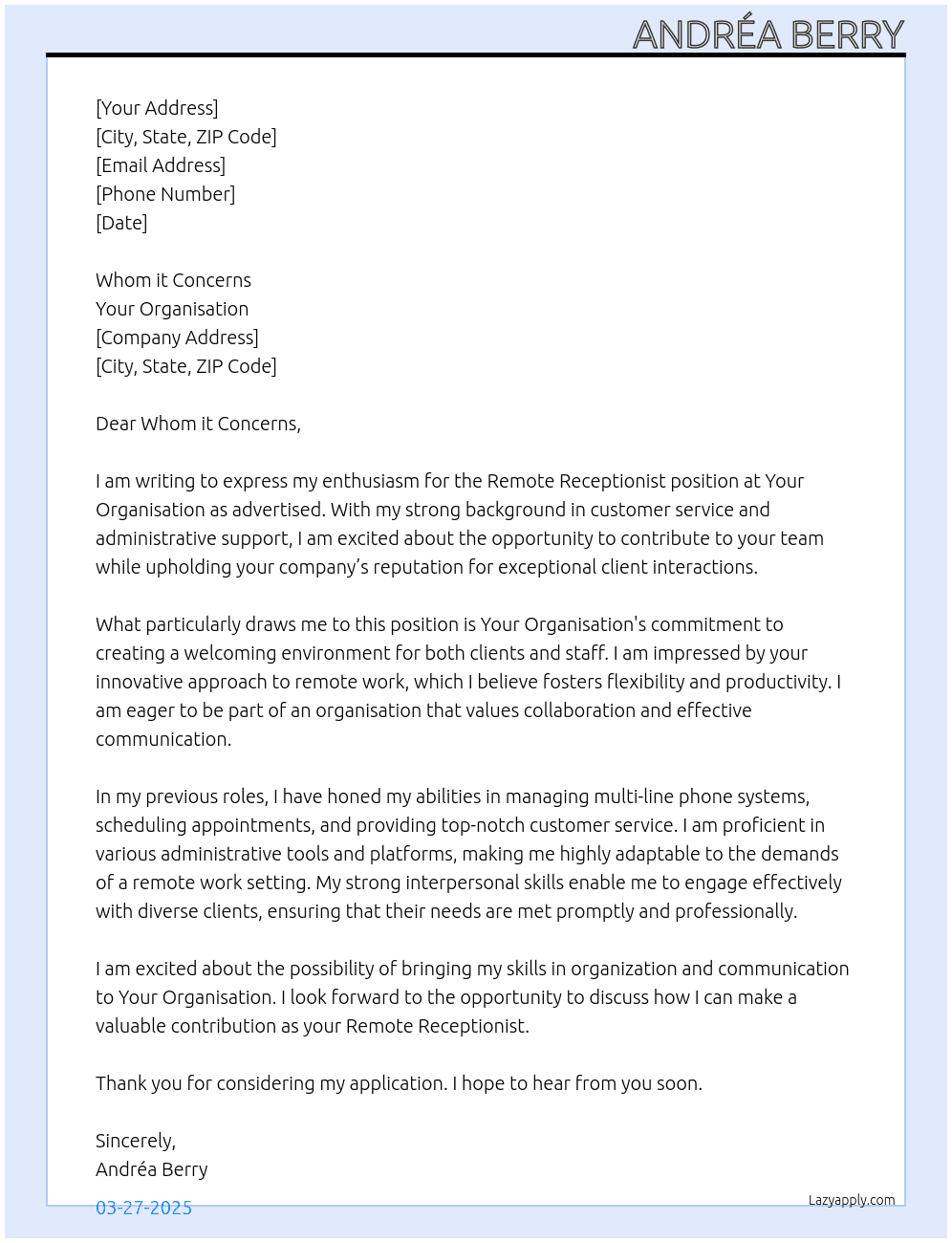 Remote Receptionist  At Your organisation  Cover Letter