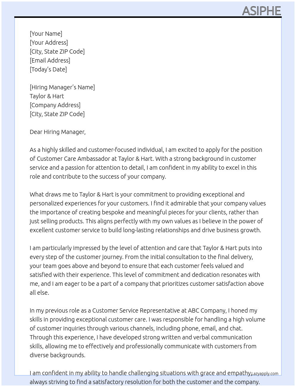 Customer Care Ambassador At Taylor & Hart Cover Letter