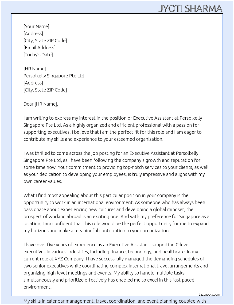 EXECUTIVE Assistant At Persolkelly Singapore Pte Ltd Cover Letter