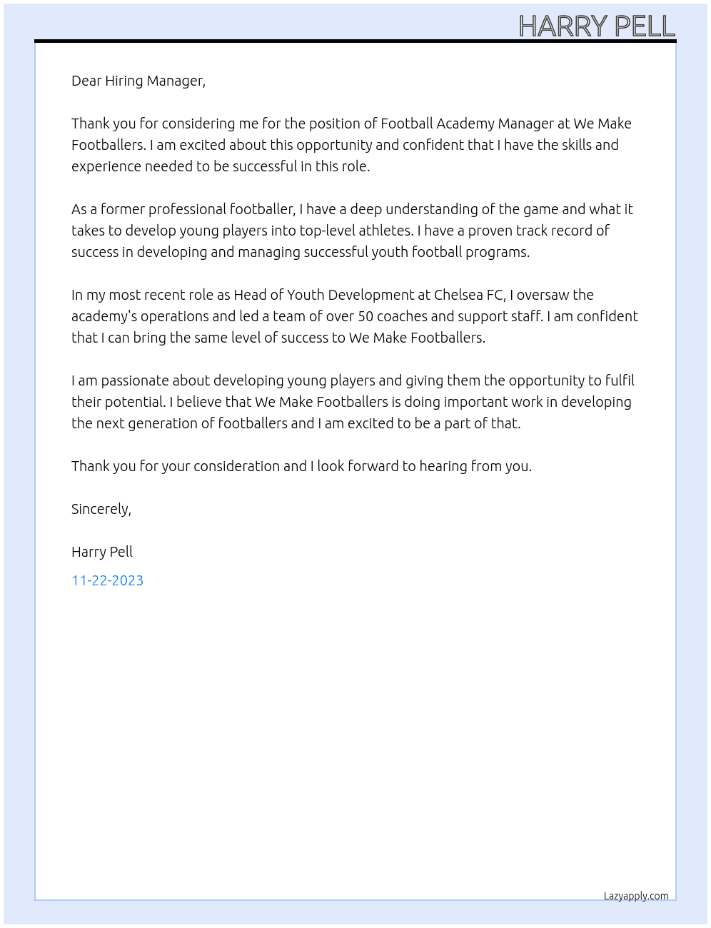 Football Academy Manager At We Make Footballers Cover Letter