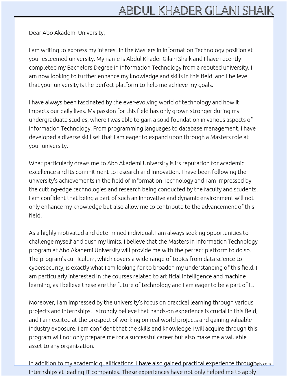 Maters in Information Technology At Abo Akademi university Cover Letter