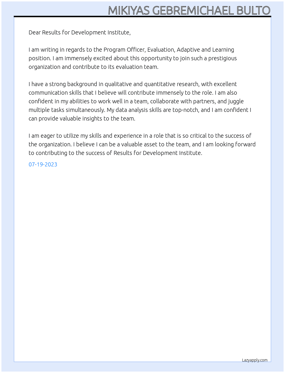 Program Officer, Evaluation, Adaptive and Learning At Results for Development Institute Cover Letter