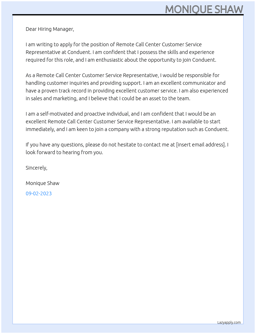 Conduent  At Remote Call Center Customer Service Representative Cover Letter