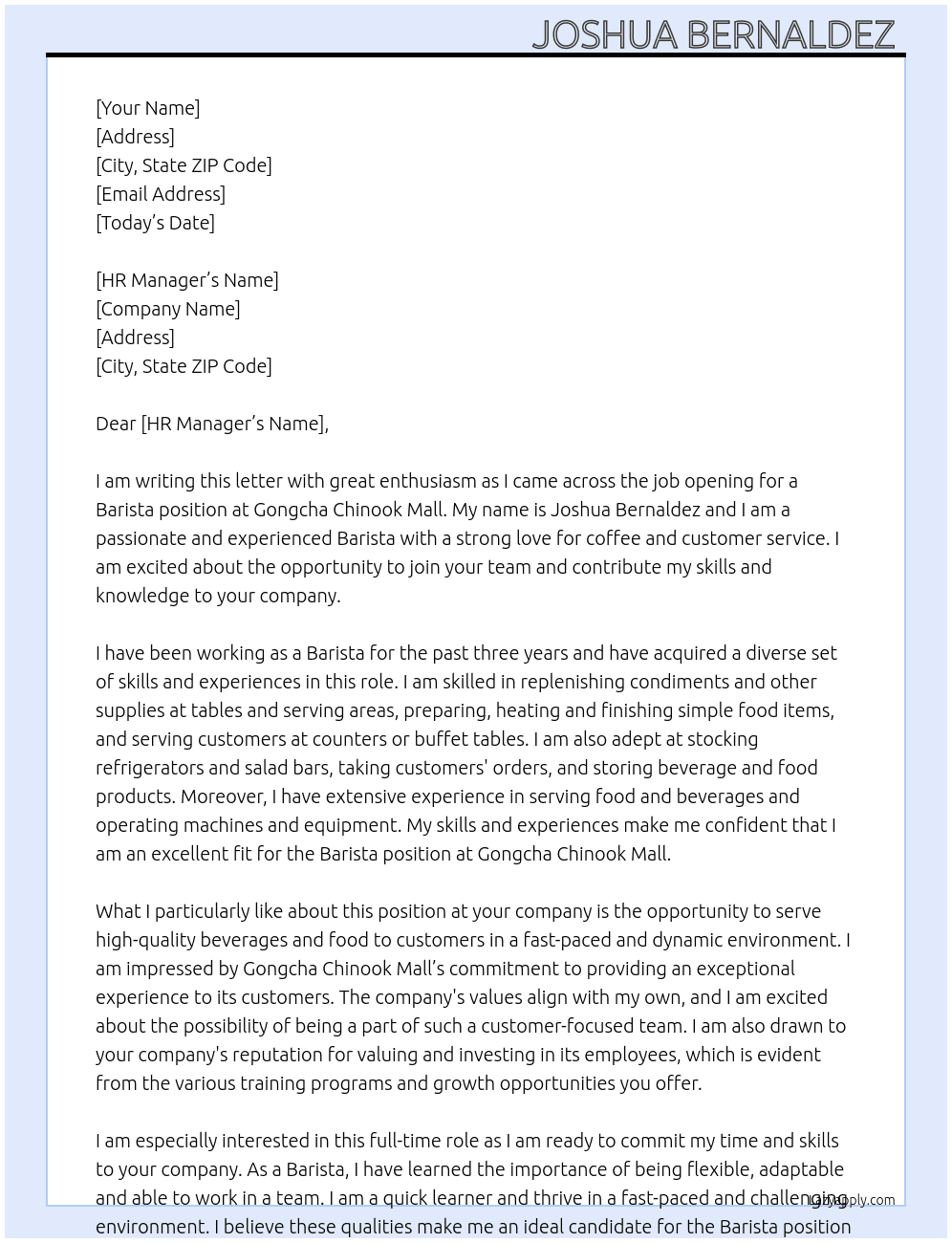 Barista  At Gongcha chinook mall Cover Letter