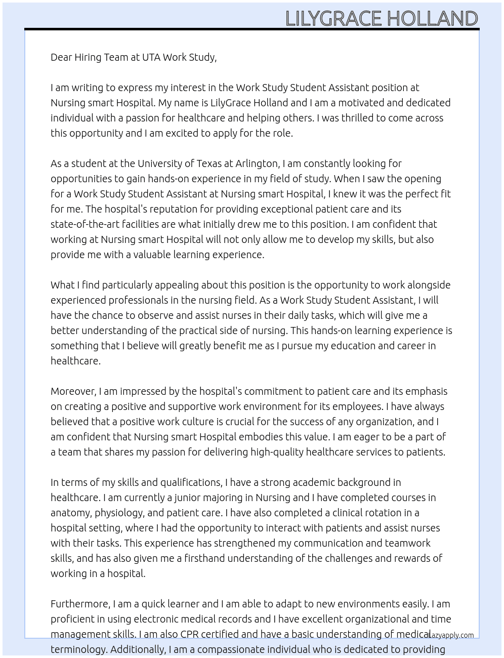 Work Study Student Assistant- Nursing smart Hospital At UTA Work Study Cover Letter