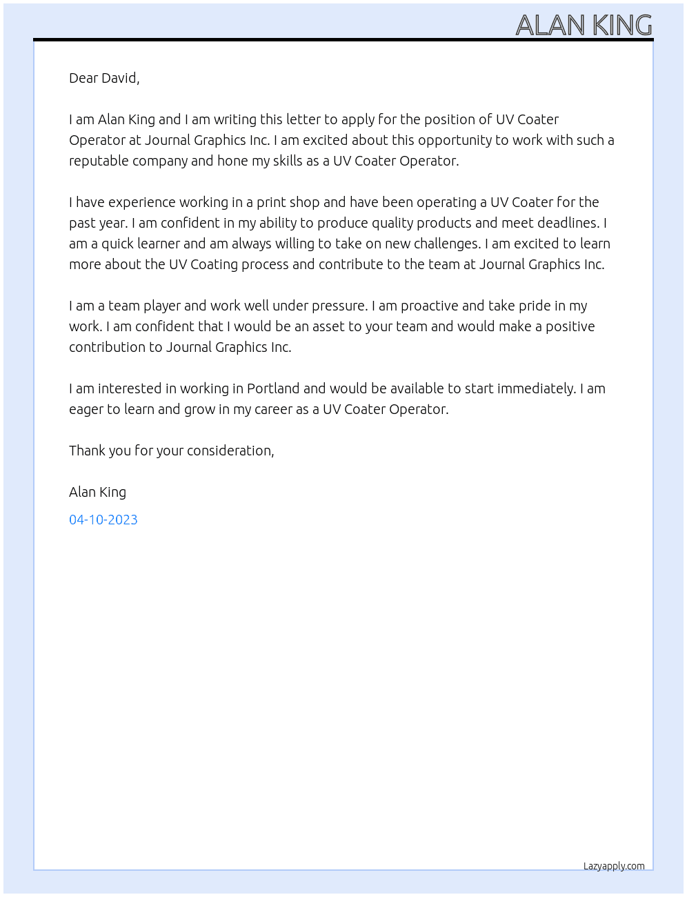 UV Coater Operator  At Journal Graphics Inc.  Cover Letter