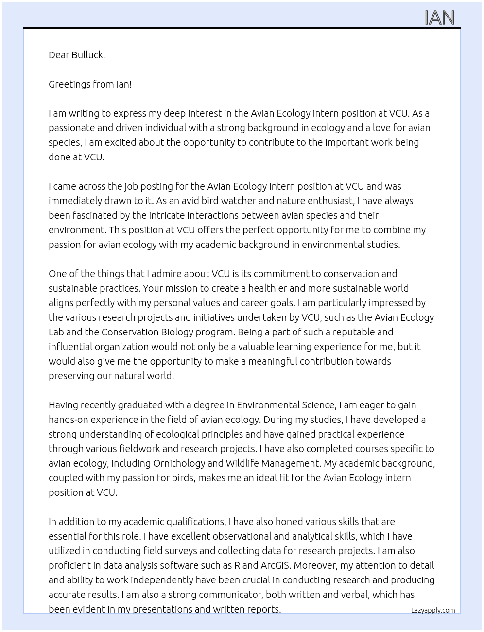 Avian Ecology intern At VCU Cover Letter