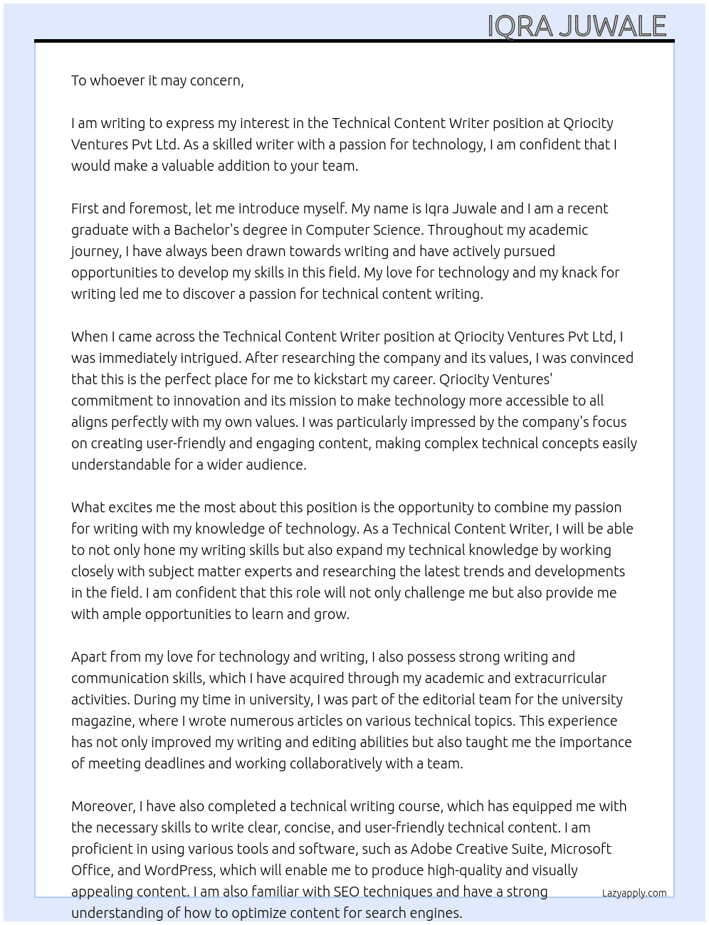 Technical content writer At Qriocity ventures pvt ltd Cover Letter