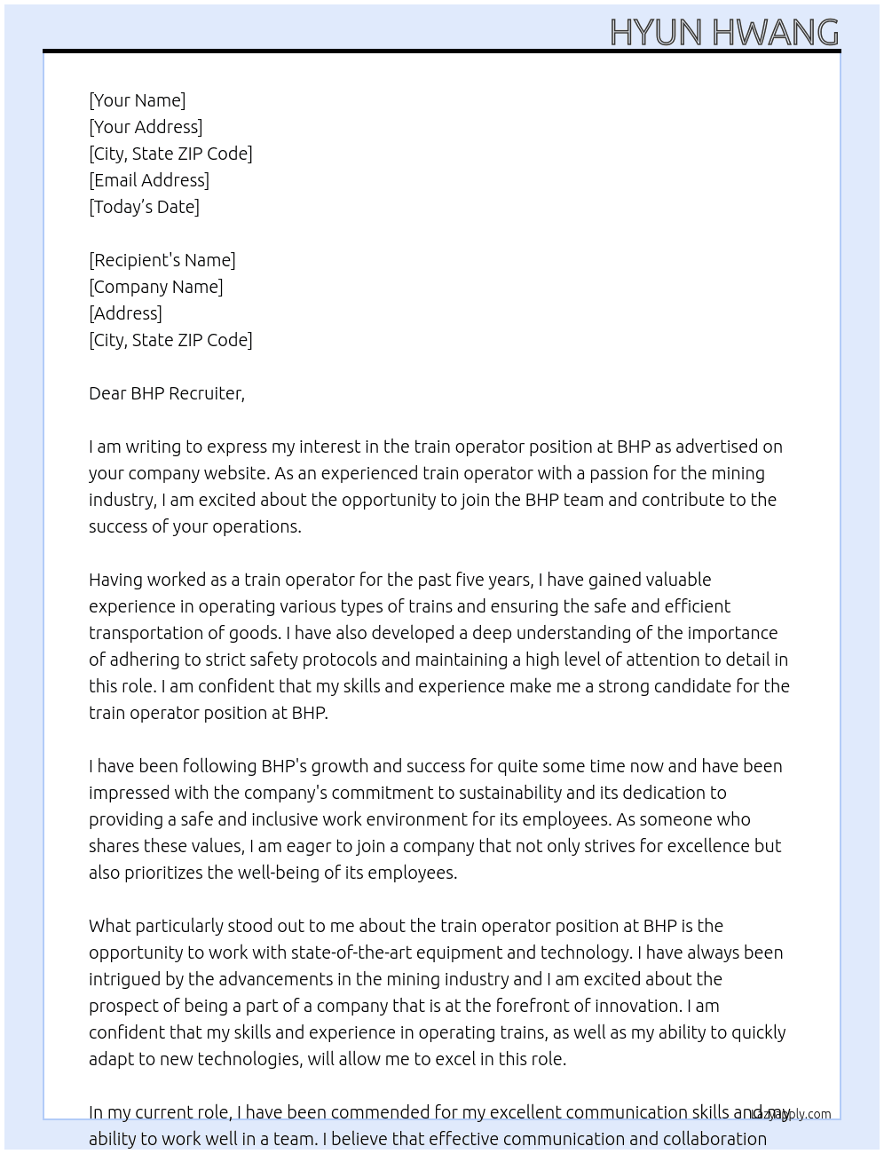 train operator At BHP Cover Letter