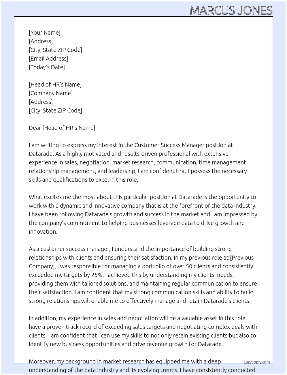 Customer Success Manager At Datarade Cover Letter
