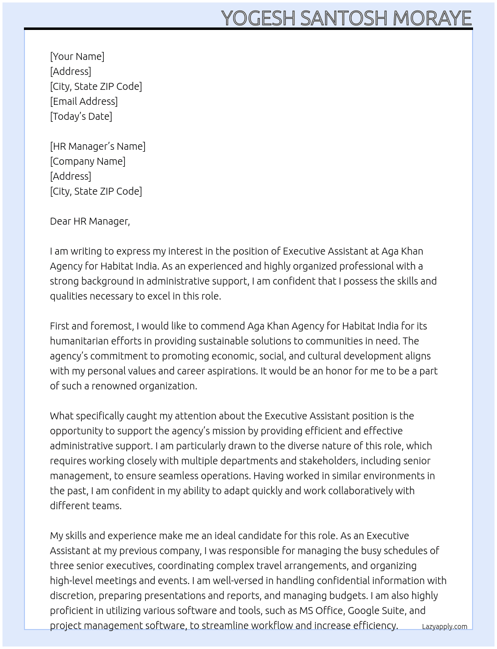 Executive Assistant At Aga Khan Agency for Habitat India Cover Letter